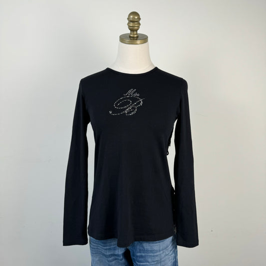 Blumarine Rhinestone Leather and Lace Long Sleeve Top