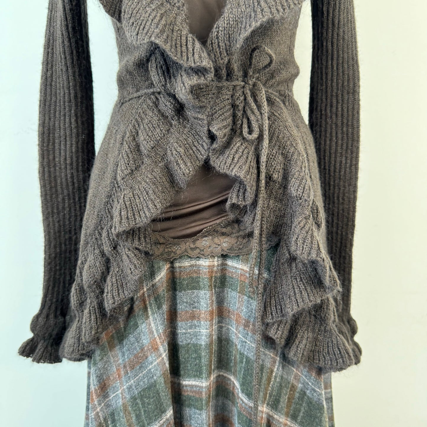 Brown Ruffled Open Front Tie Up Cardigan