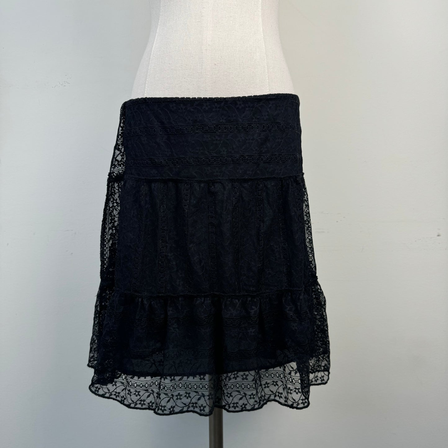 Black Lace Mesh Overlay Midi Skirt