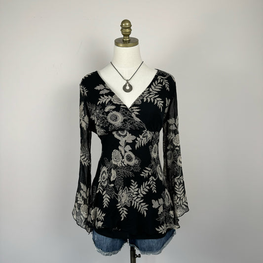 Vintage Chiffon Silk Floral Print Bell Sleeve Top