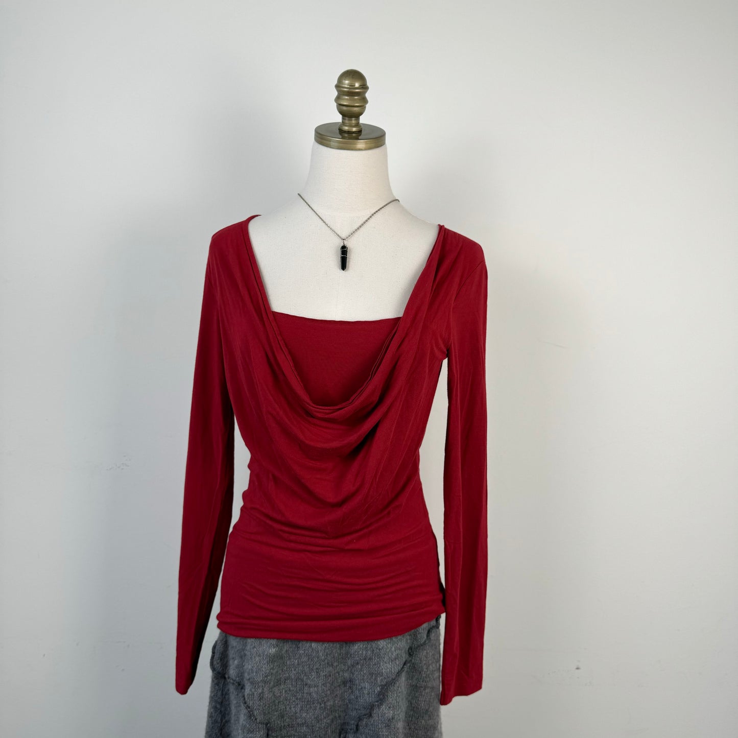 Red Slinky Off Shoulder / Cowl Neck Long Sleeve Top