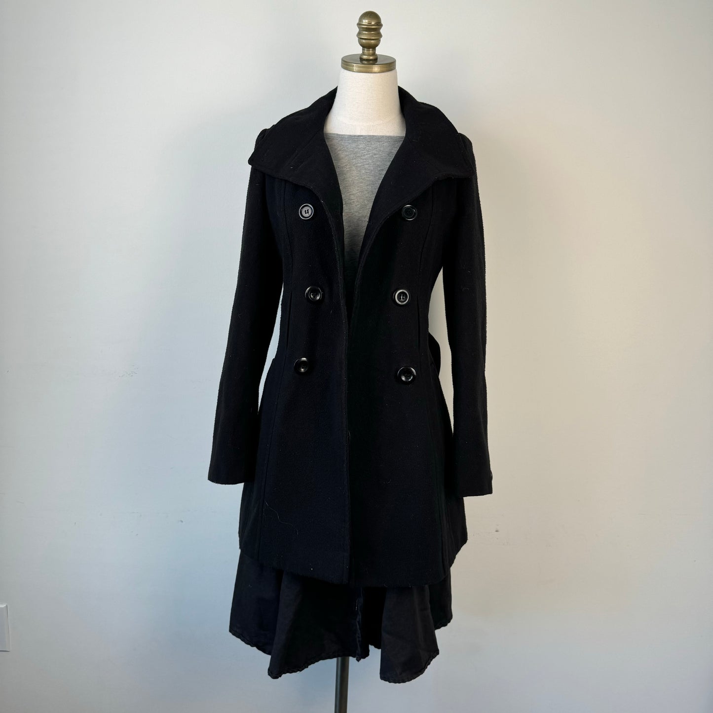 Vintage Black Wool Button Up Trench Coat