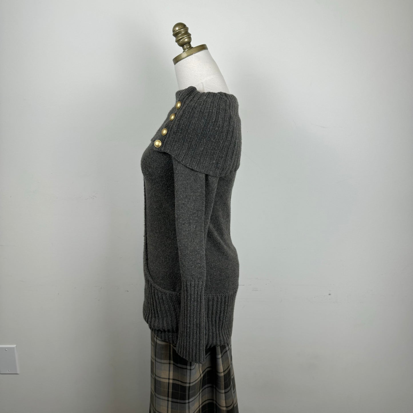 Grey Off Shoulder Gold Button Sweater