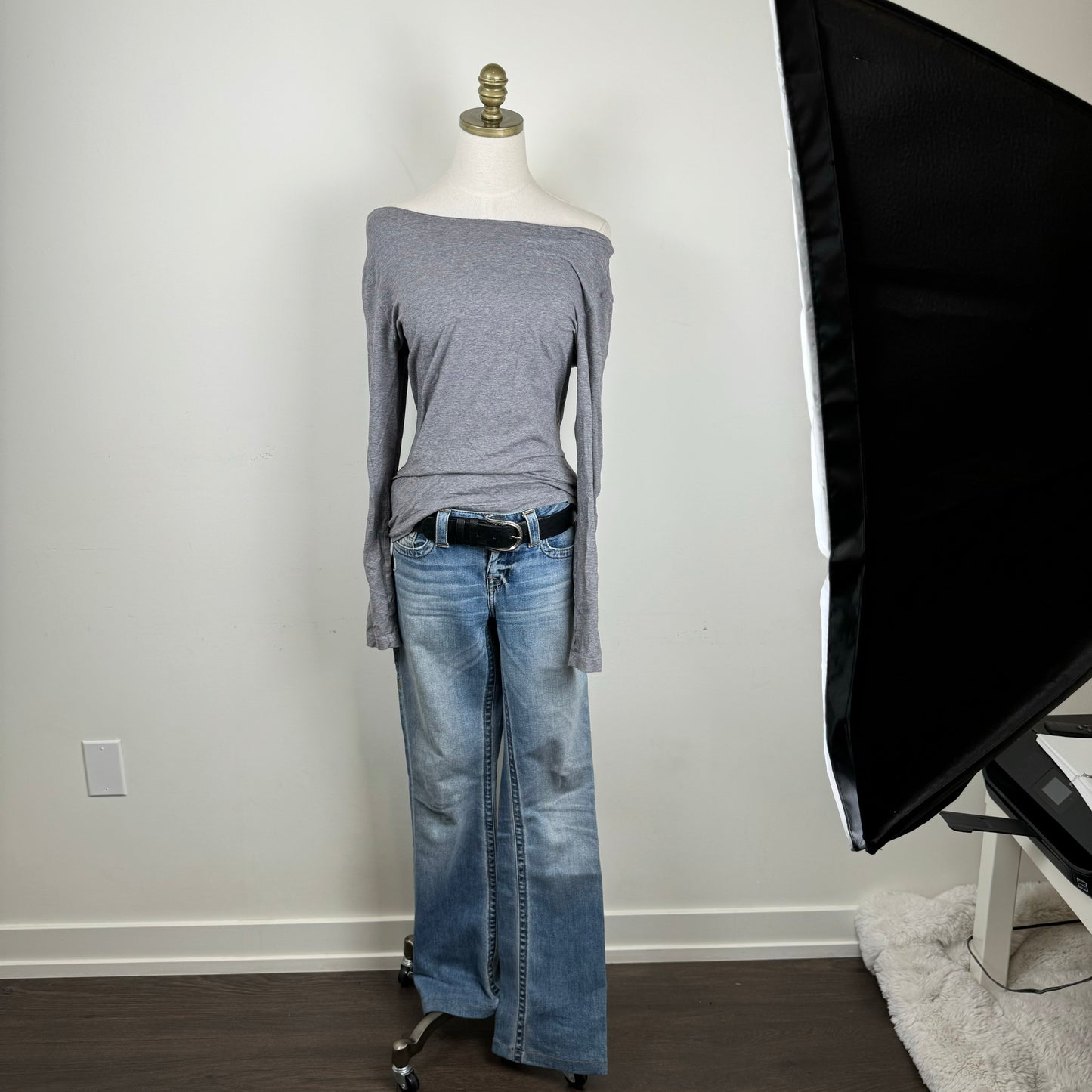 Grey Off Shoulder Long Sleeve Top