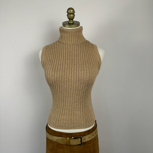Beige Sleeveless Knit Turtleneck Top