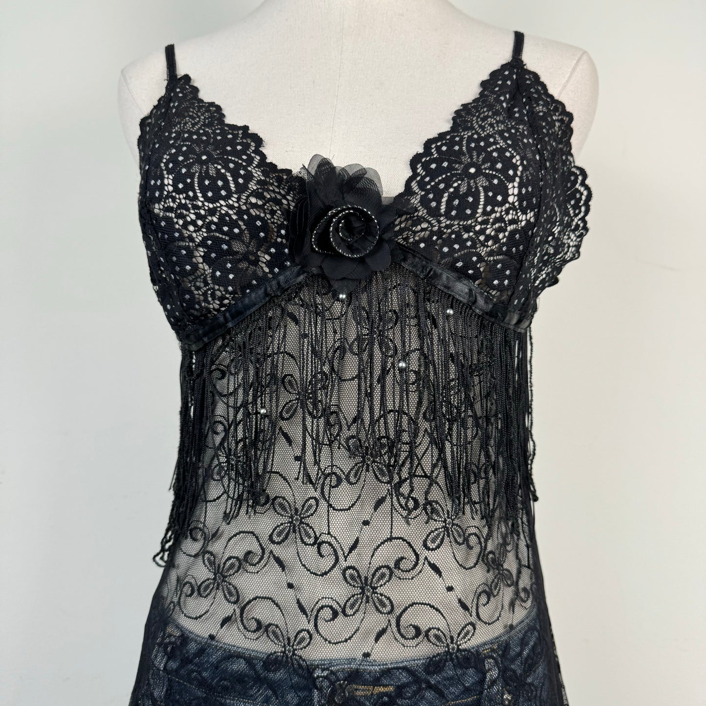 Black Lace Mesh Babydoll Slip Dress
