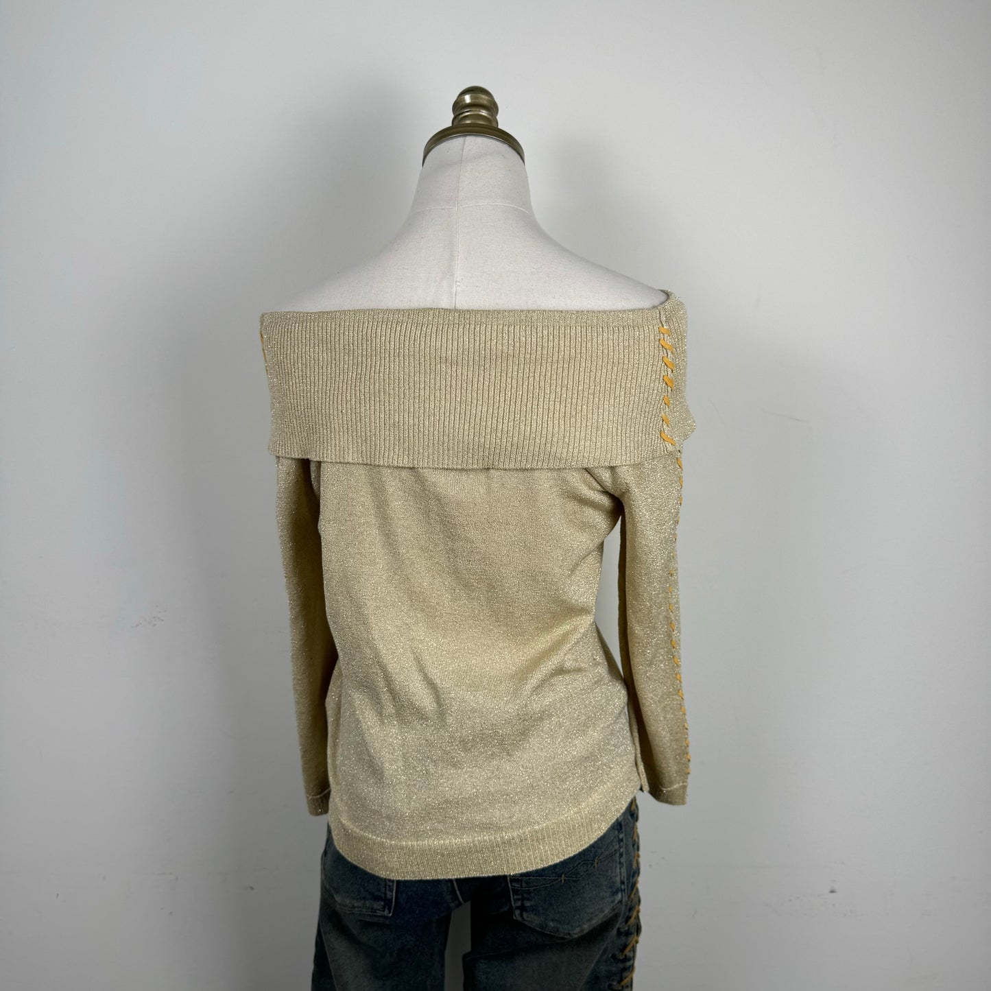 Gold-Beige Off Shoulder Lace Up Sweater