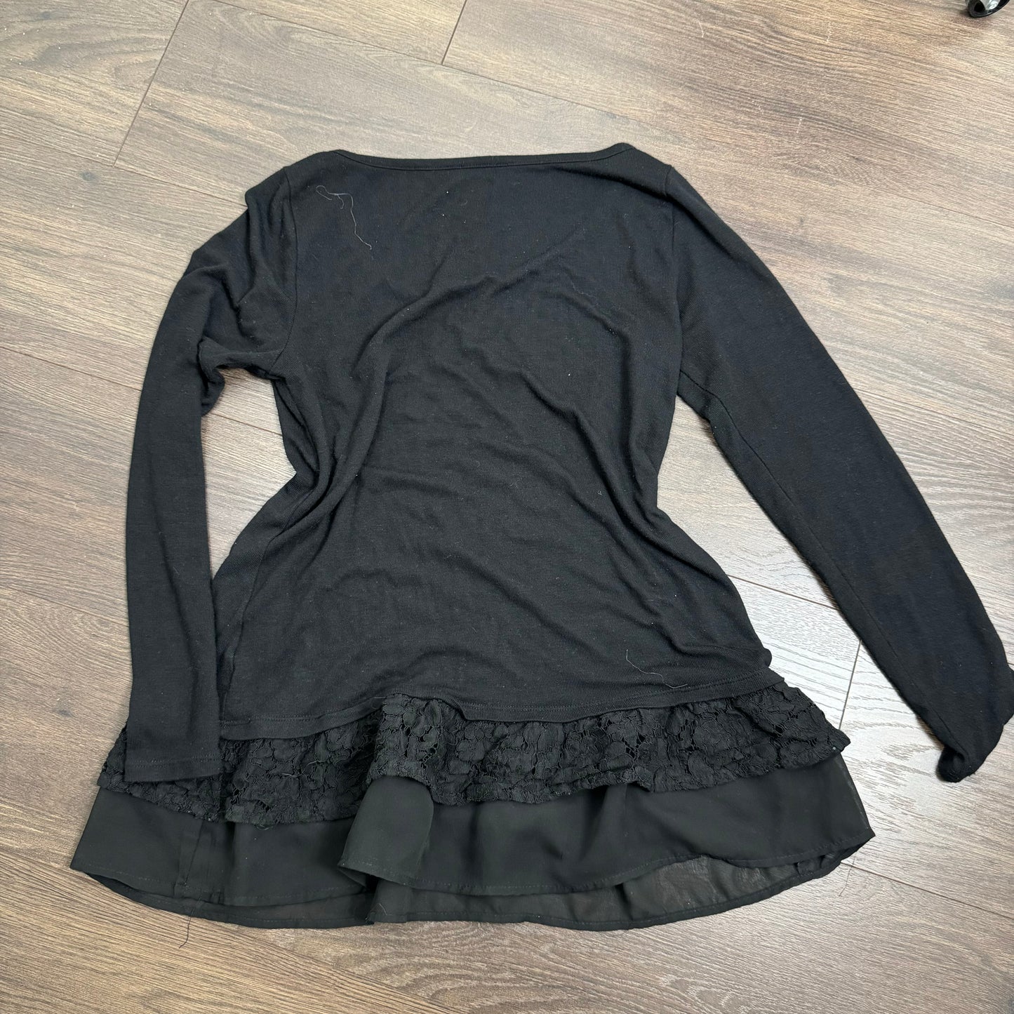 Black Ruffle Lace Hem Long Sleeve Top