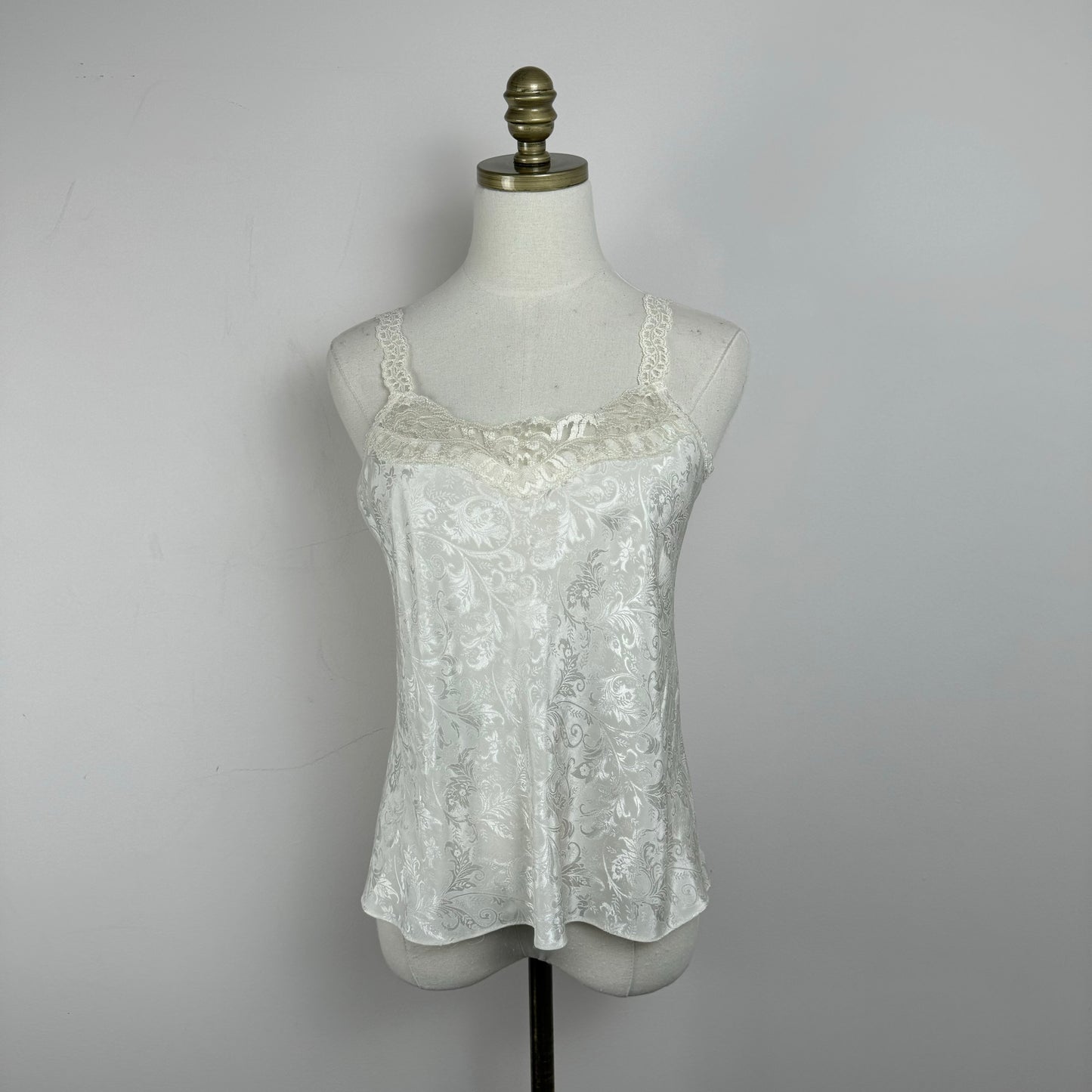 Vintage Cream Lace Trim Floral Print Satin Top