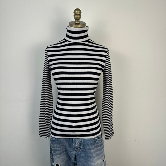 Tommy Striped Fitted Turtleneck Long Sleeve Top