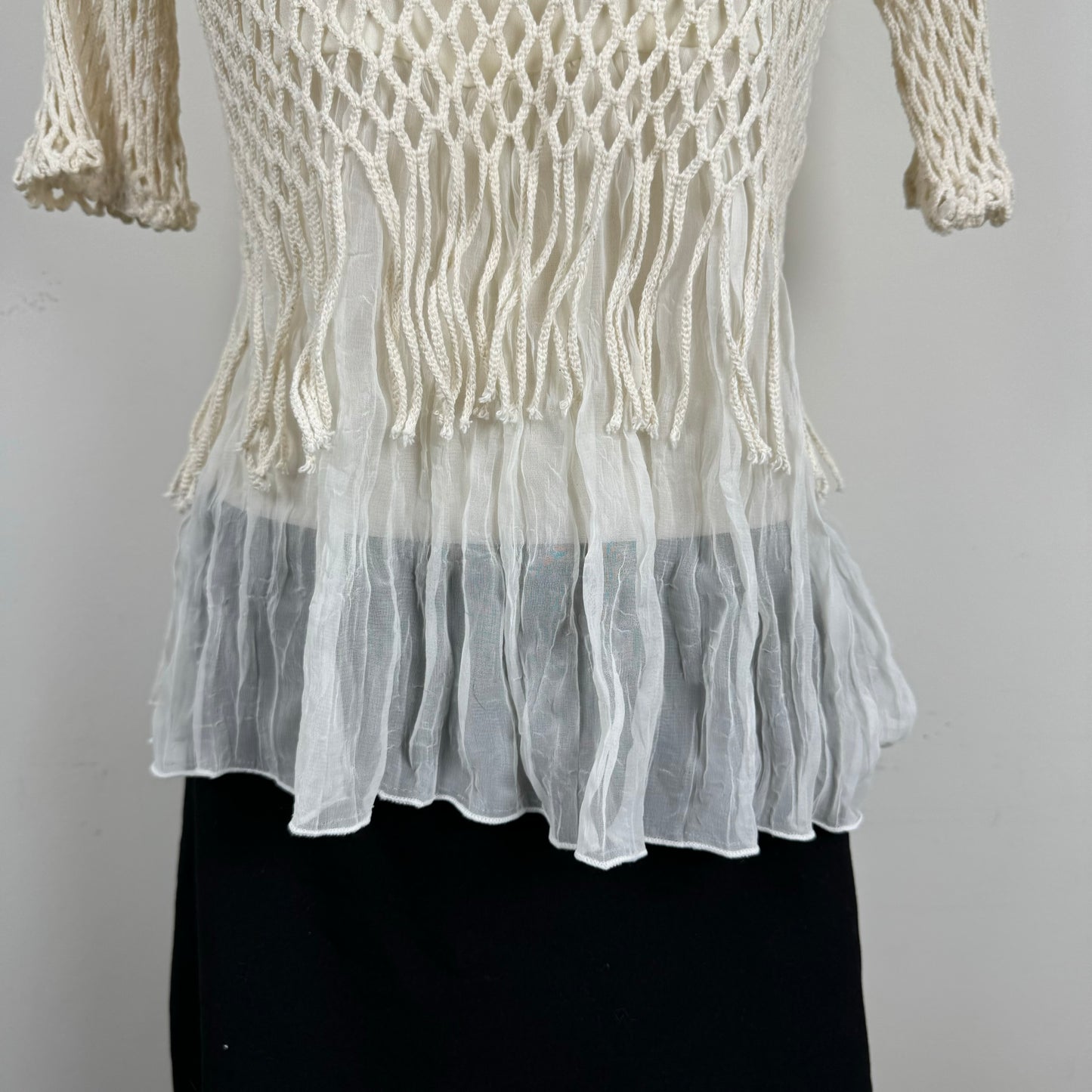 Cream Crochet Chiffon Fringe Short Sleeve Top