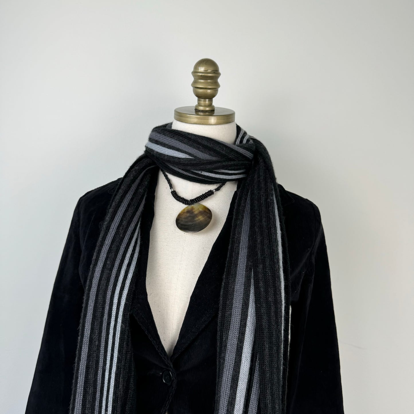 Black and Grey Striped Knit Scarf