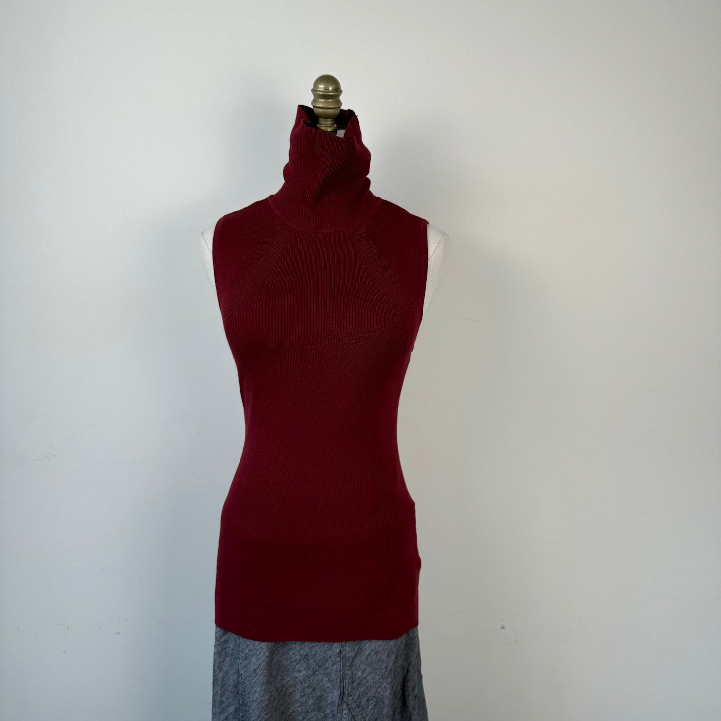 Dark Red Fitted Sleeveless Turtleneck Top
