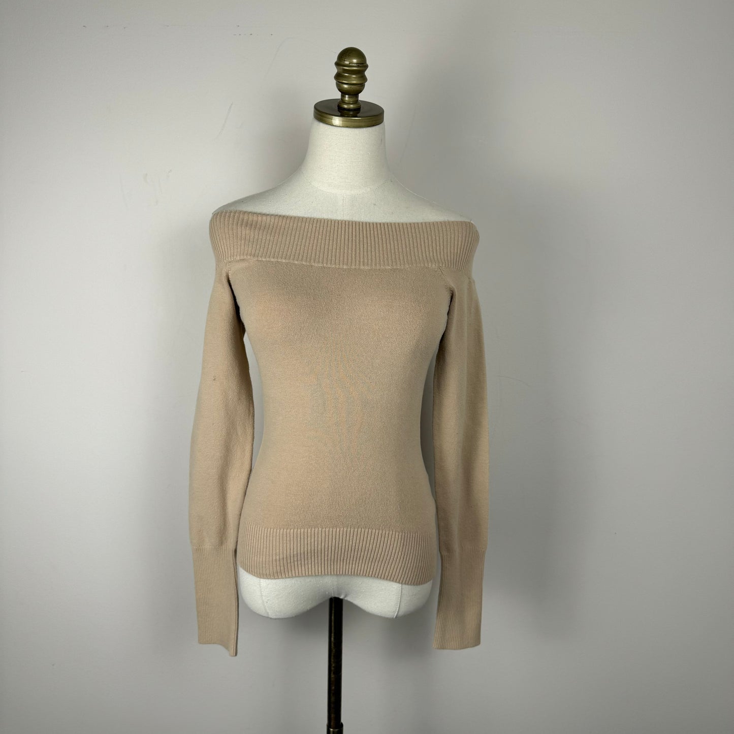 Beige Off Shoulder / Boat Neck Knit Sweater