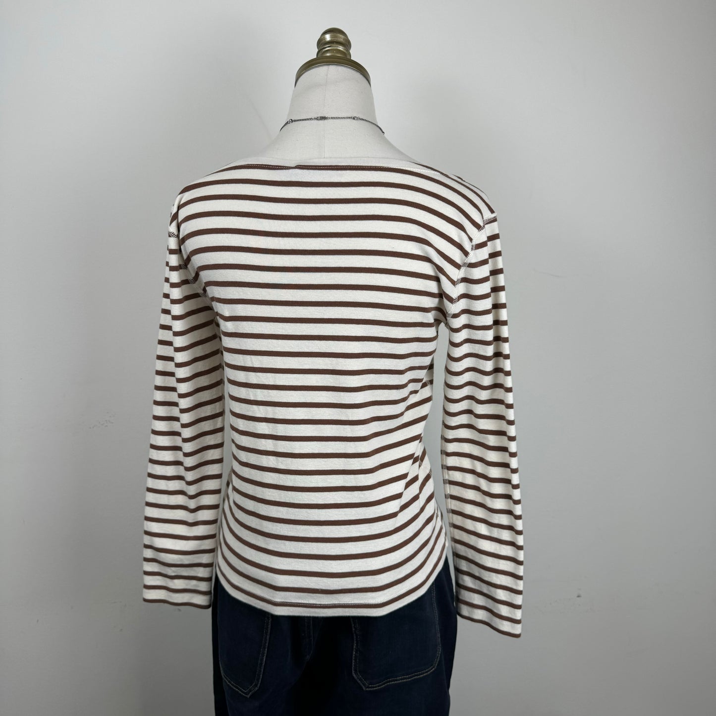 Cream Striped Boat Neck Long Sleeve Top