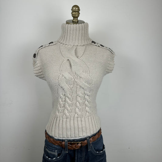 Cream Cable Knit Turtleneck Short Sleeve Top
