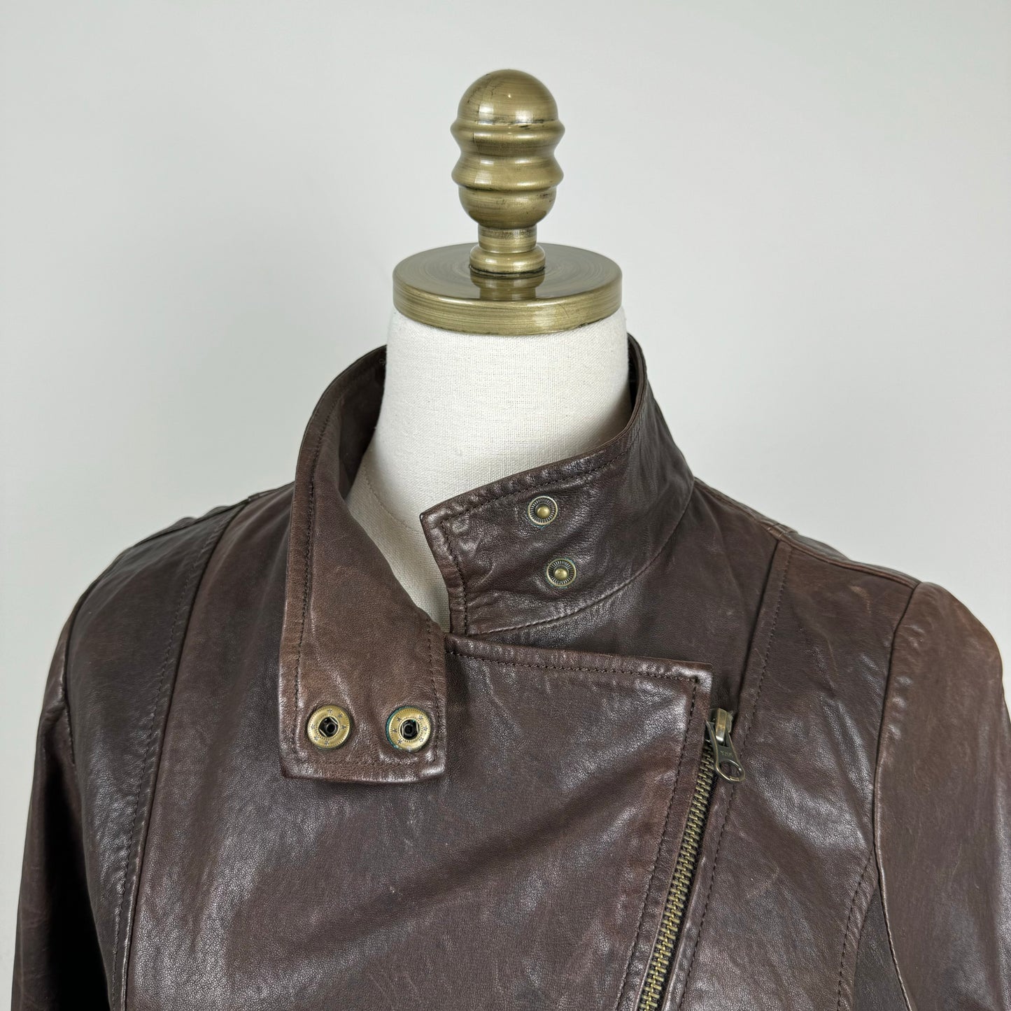 Brown Asymmetric Fitted Moto Genuine Leather Jacket