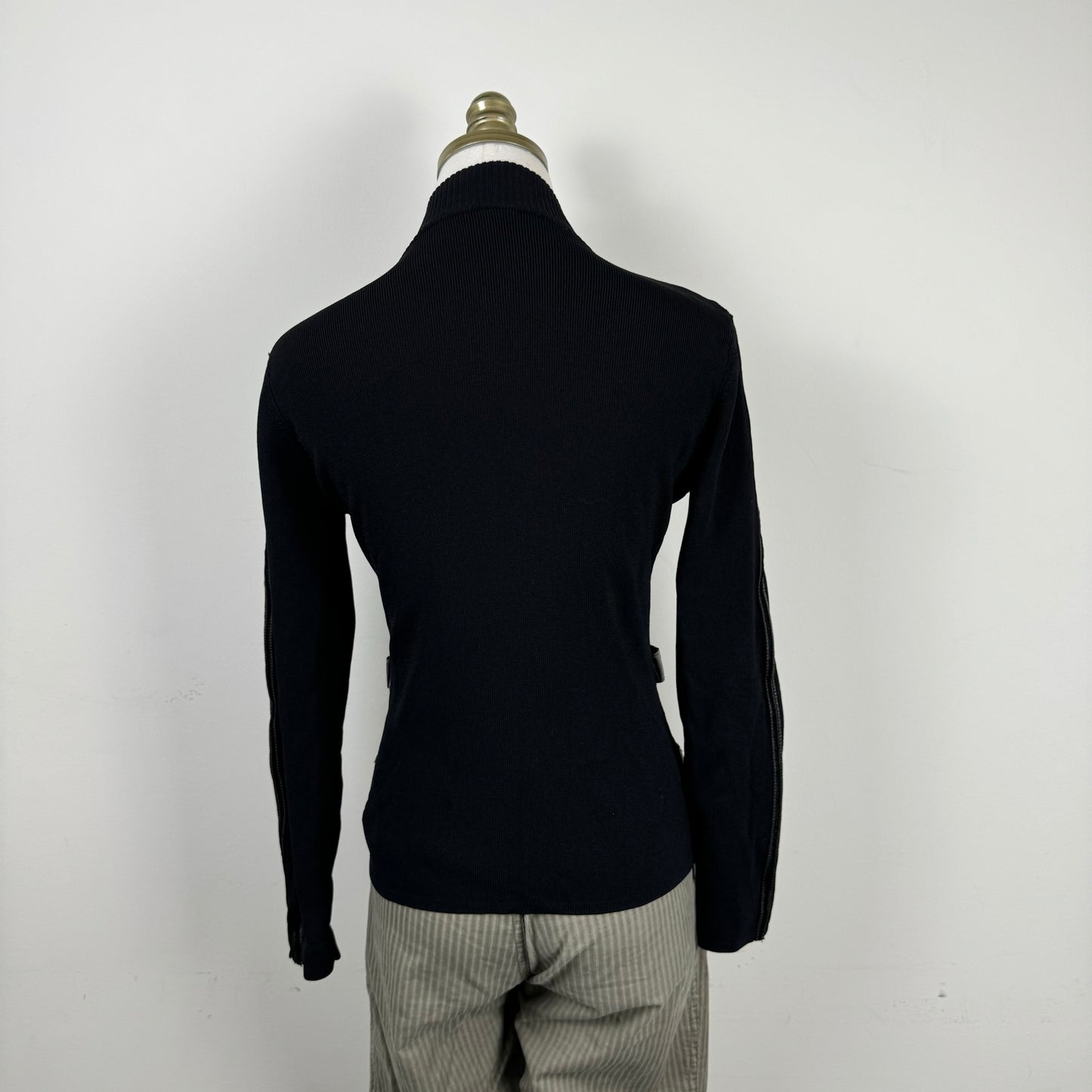 Black Fitted Zip Up Sweater Buckle Detail