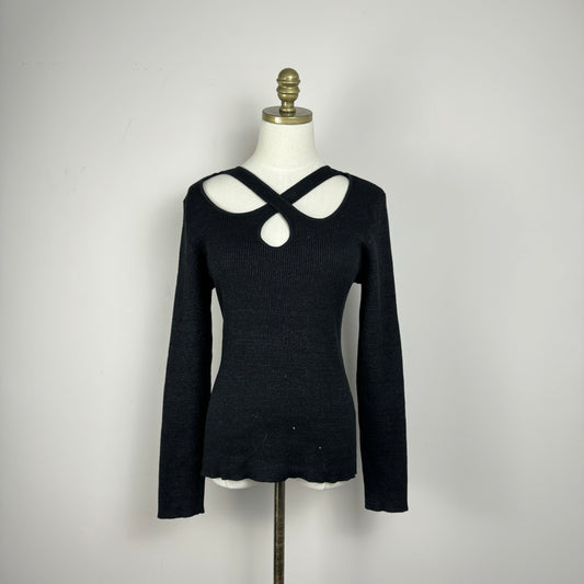 DKNY Black Ribbed Knit Cutout Sweater