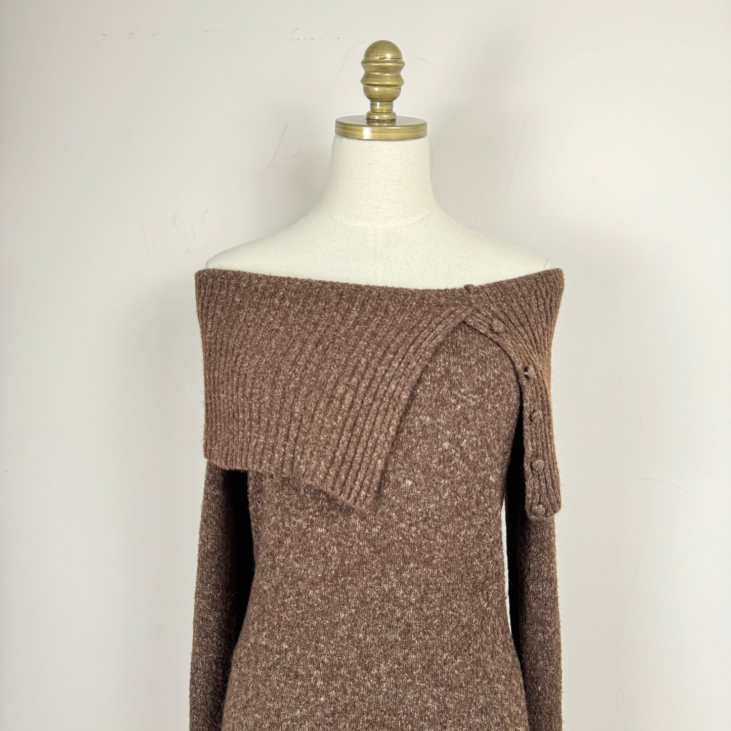 Brown Knit Off The Shoulder Long Sweater