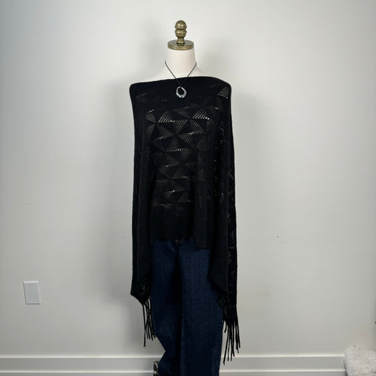 Black Knit Poncho with Fringe