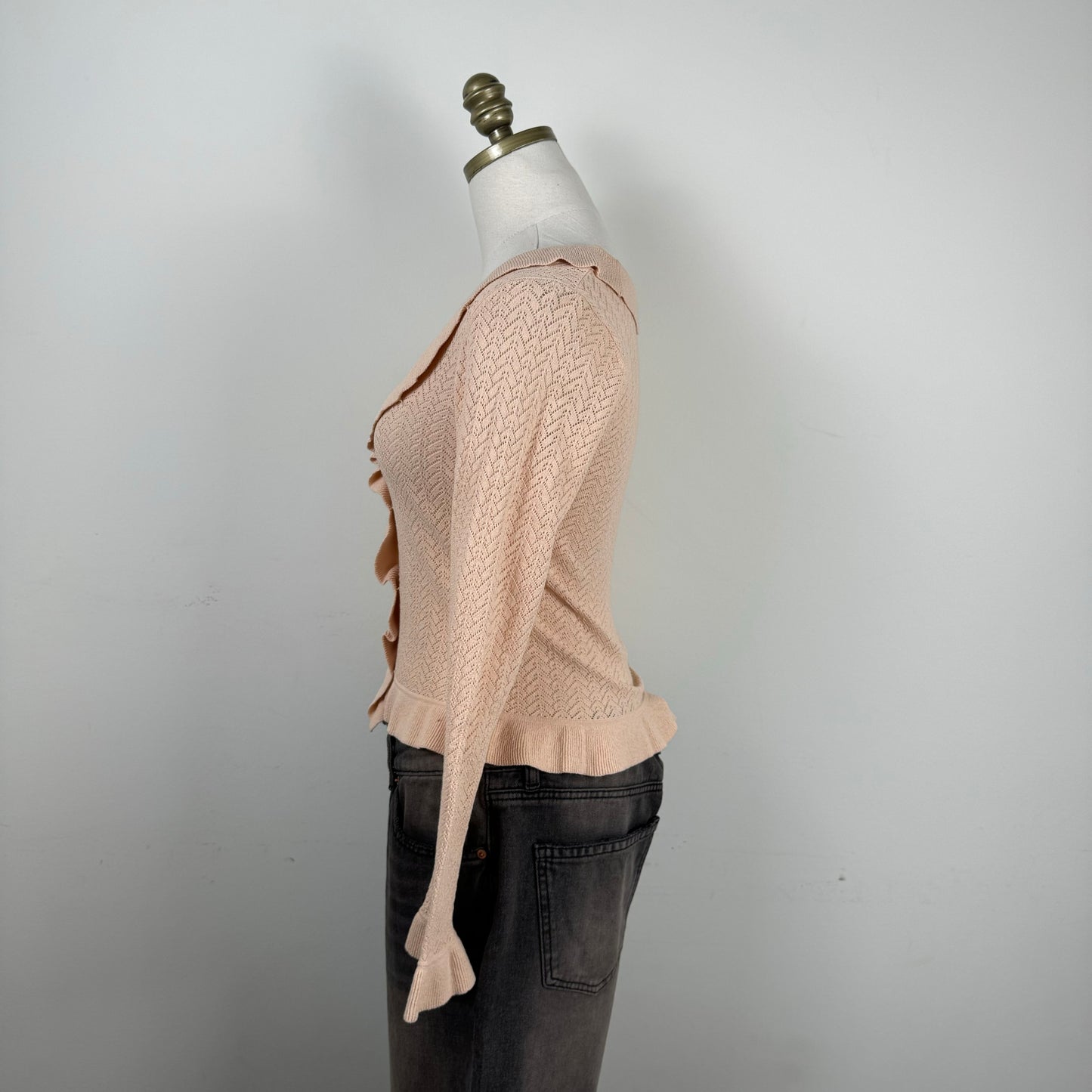 Pink Ruffled Open Knit Long Sleeve Top