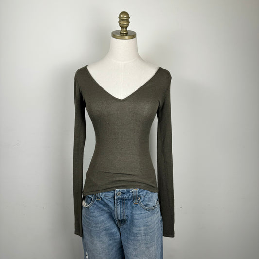 Olive Green Thin Knit Fitted Long Sleeve Top