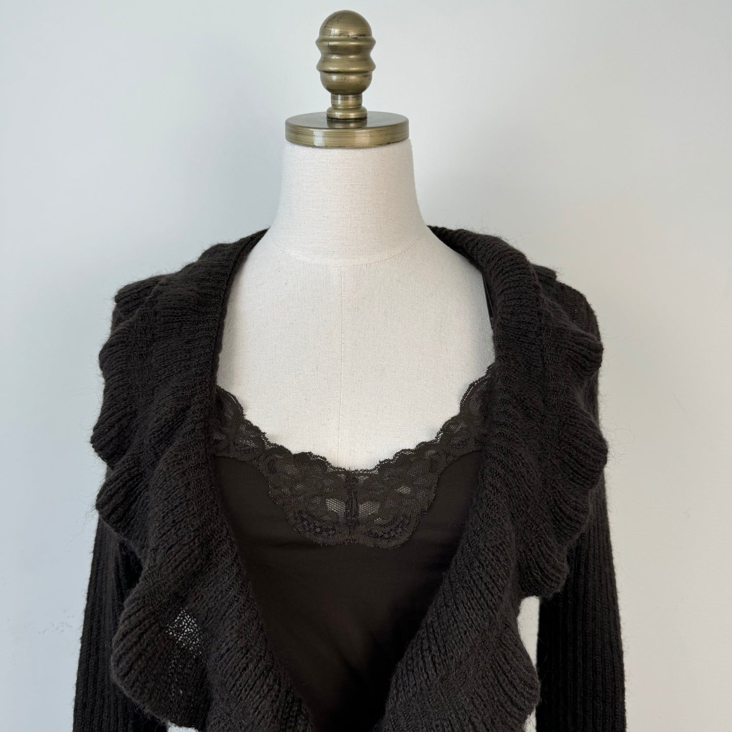 Brown Ruffled Open Front Tie Up Cardigan