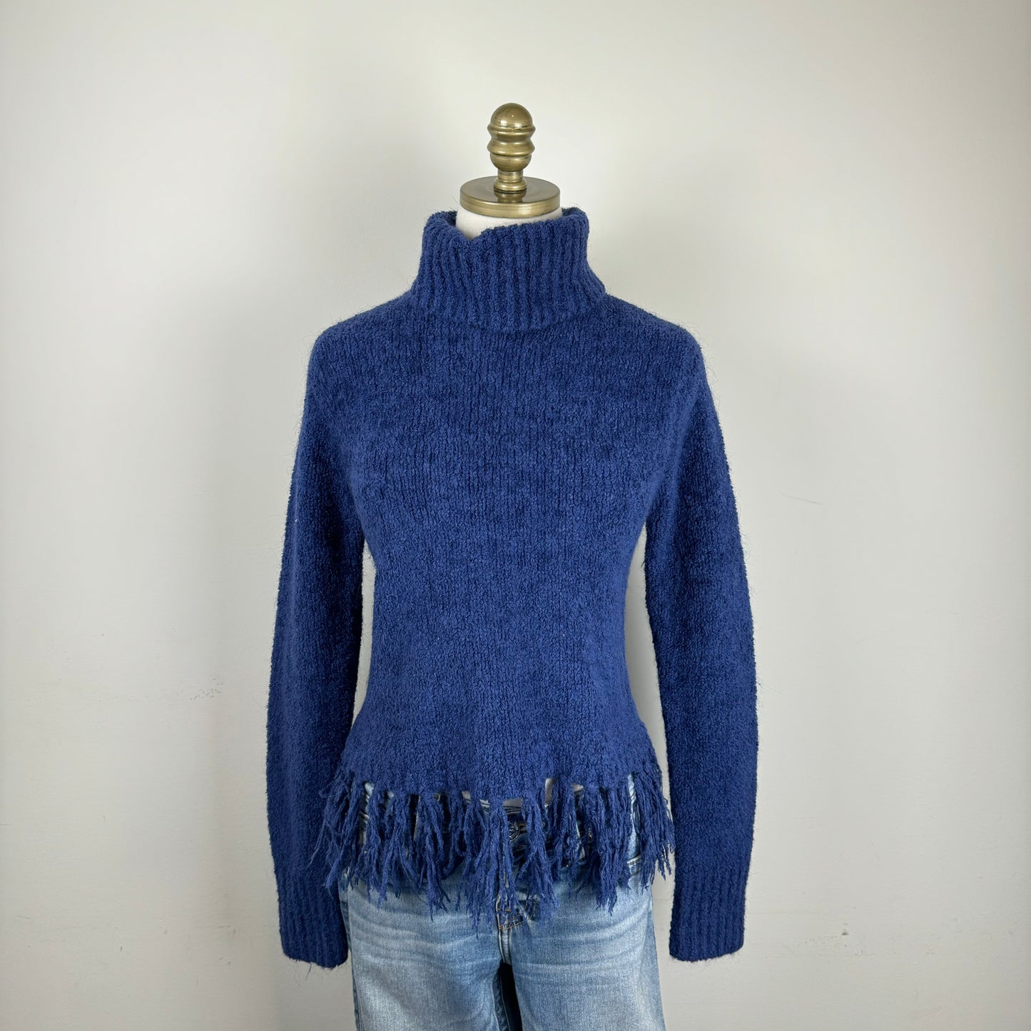 Dark Blue/Purple Turtleneck Sweater with Fringe Hem
