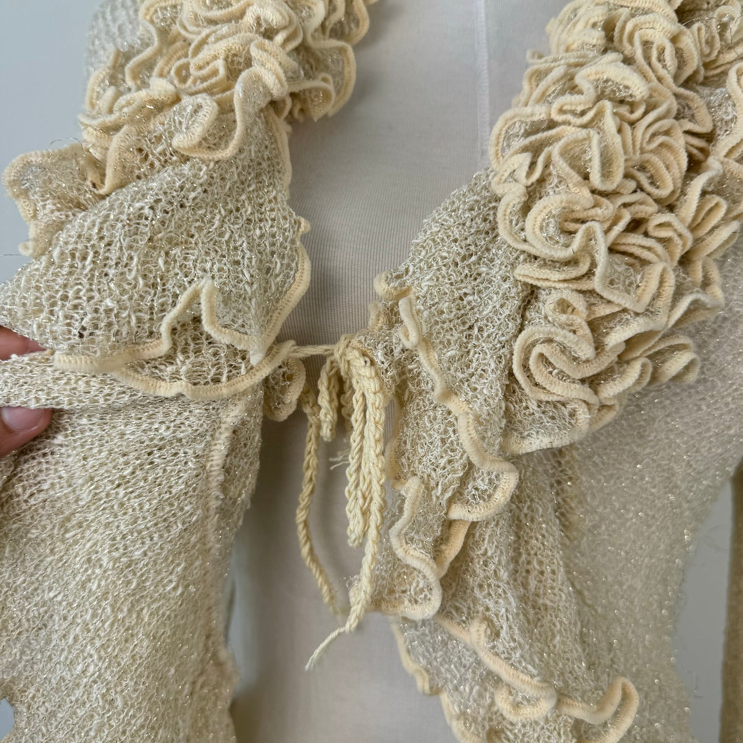 Cream Open Front Tie Up Ruffled Cardigan
