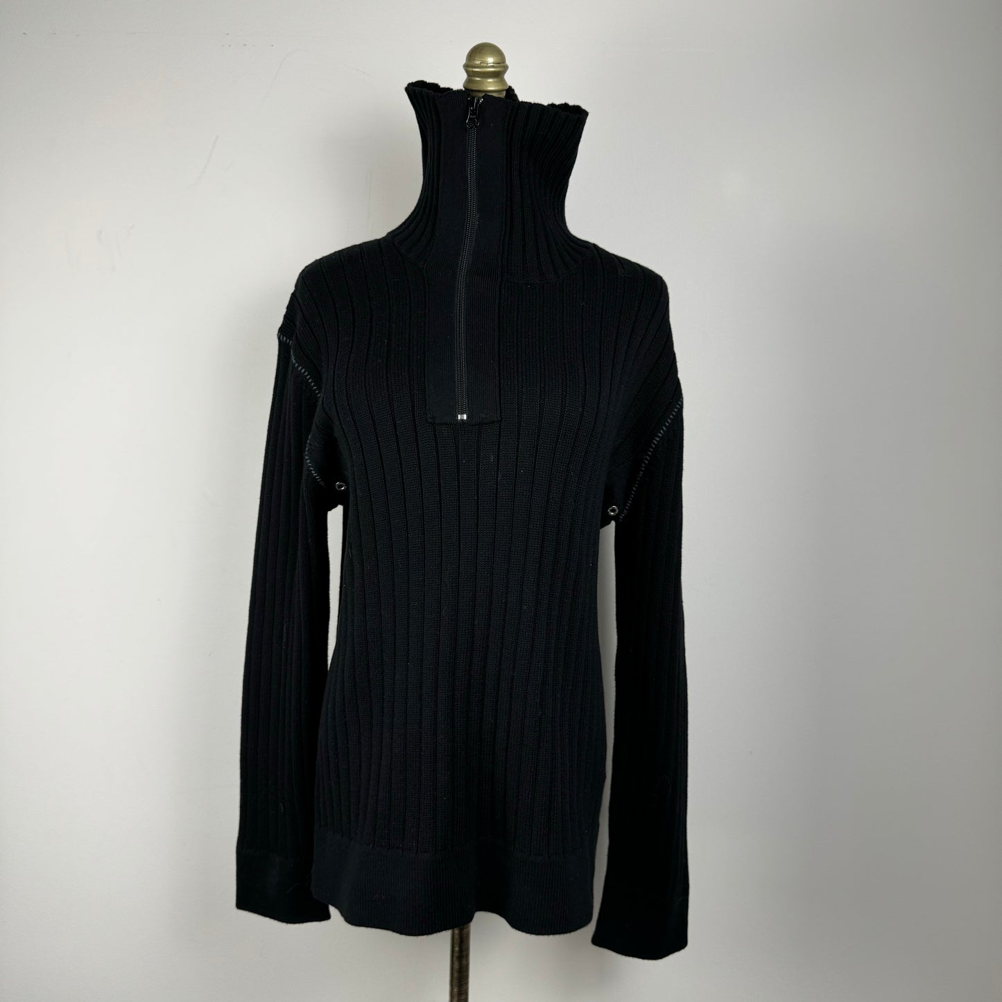 Black Oversized Ribbed Knit Quarter Zip Sweater