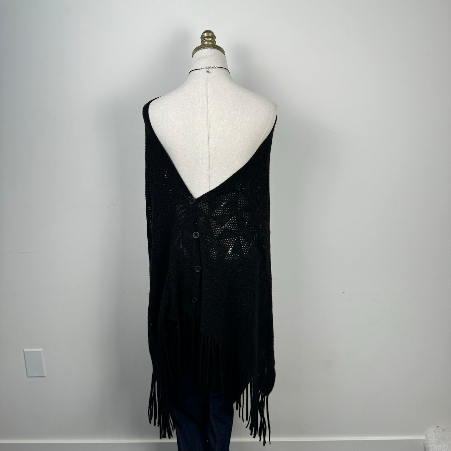Black Knit Poncho with Fringe