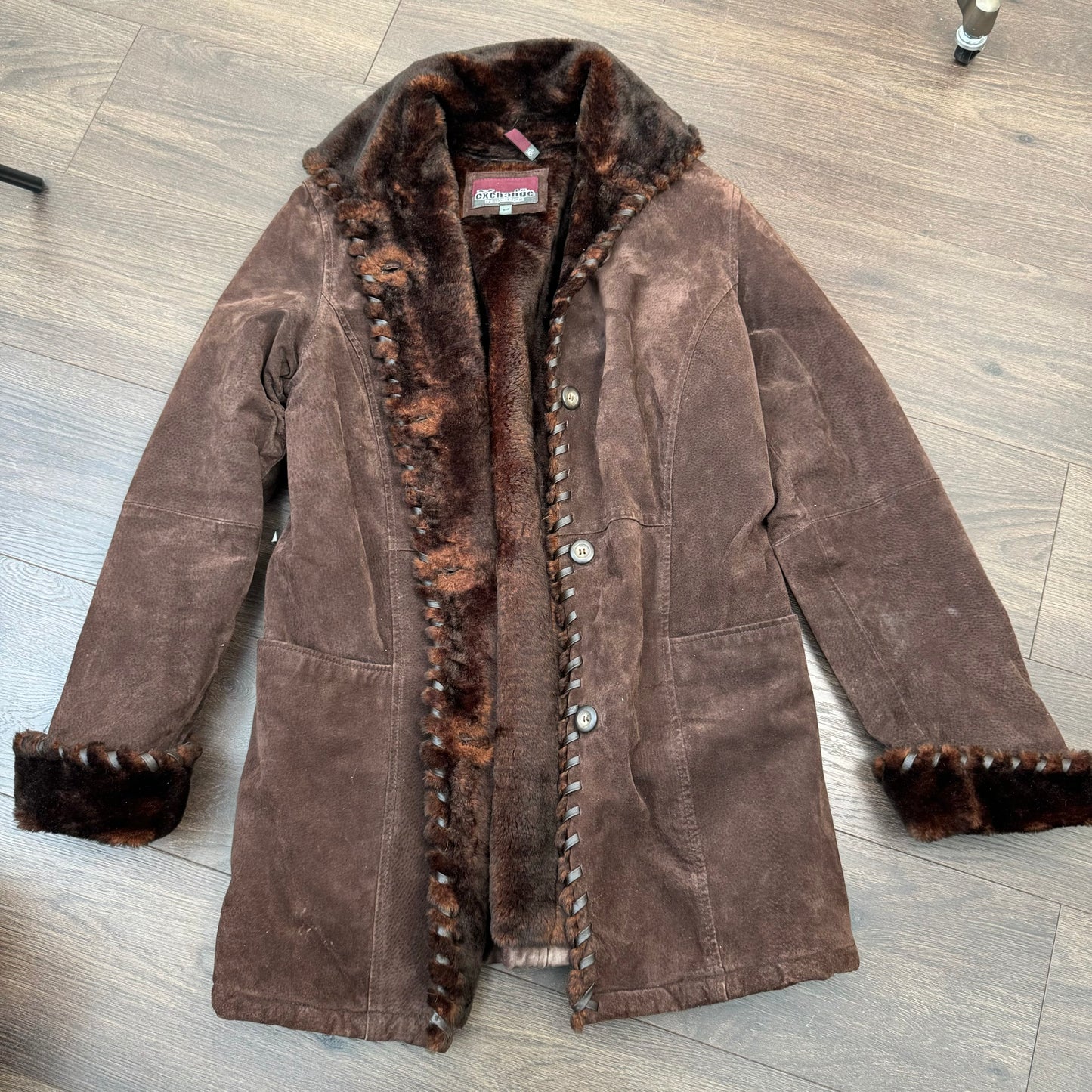 Vintage Brown Genuine Suede Leather Fur Trim Coat