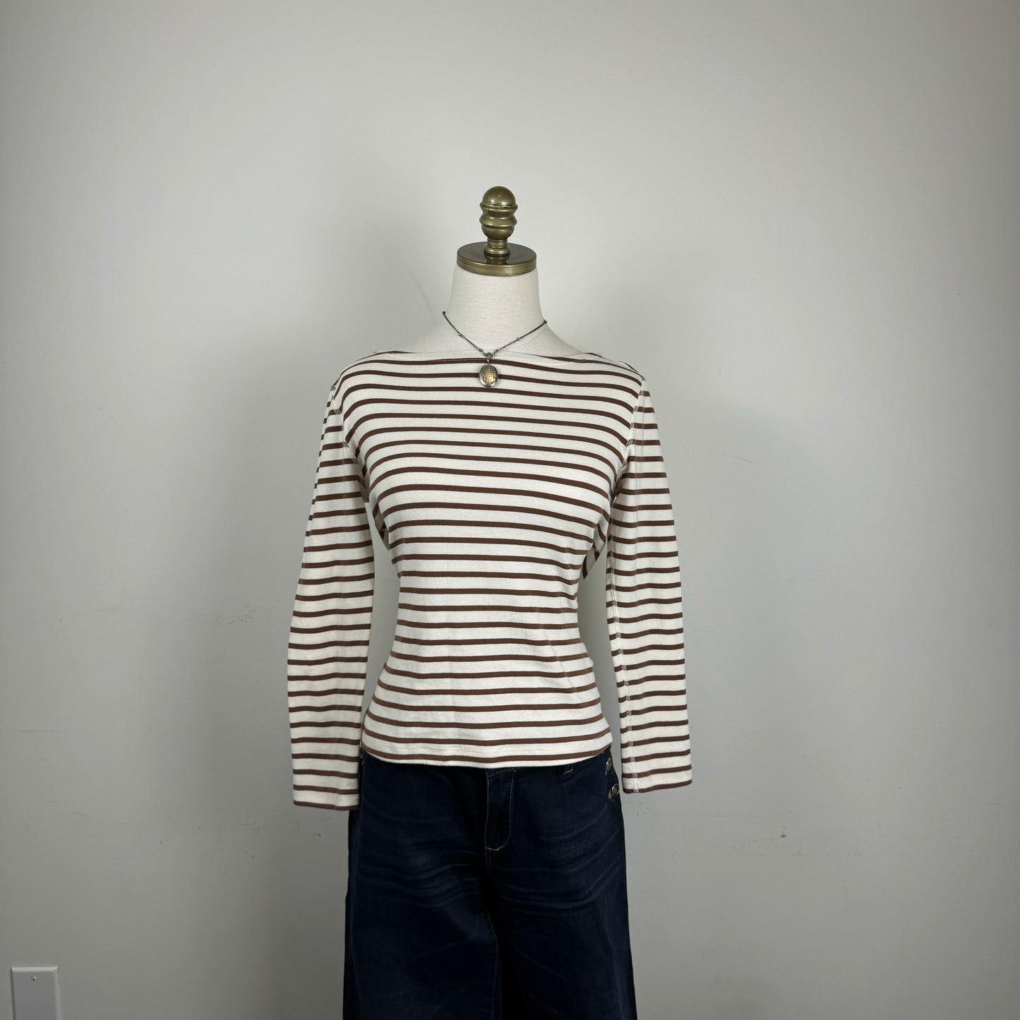 Cream Striped Boat Neck Long Sleeve Top