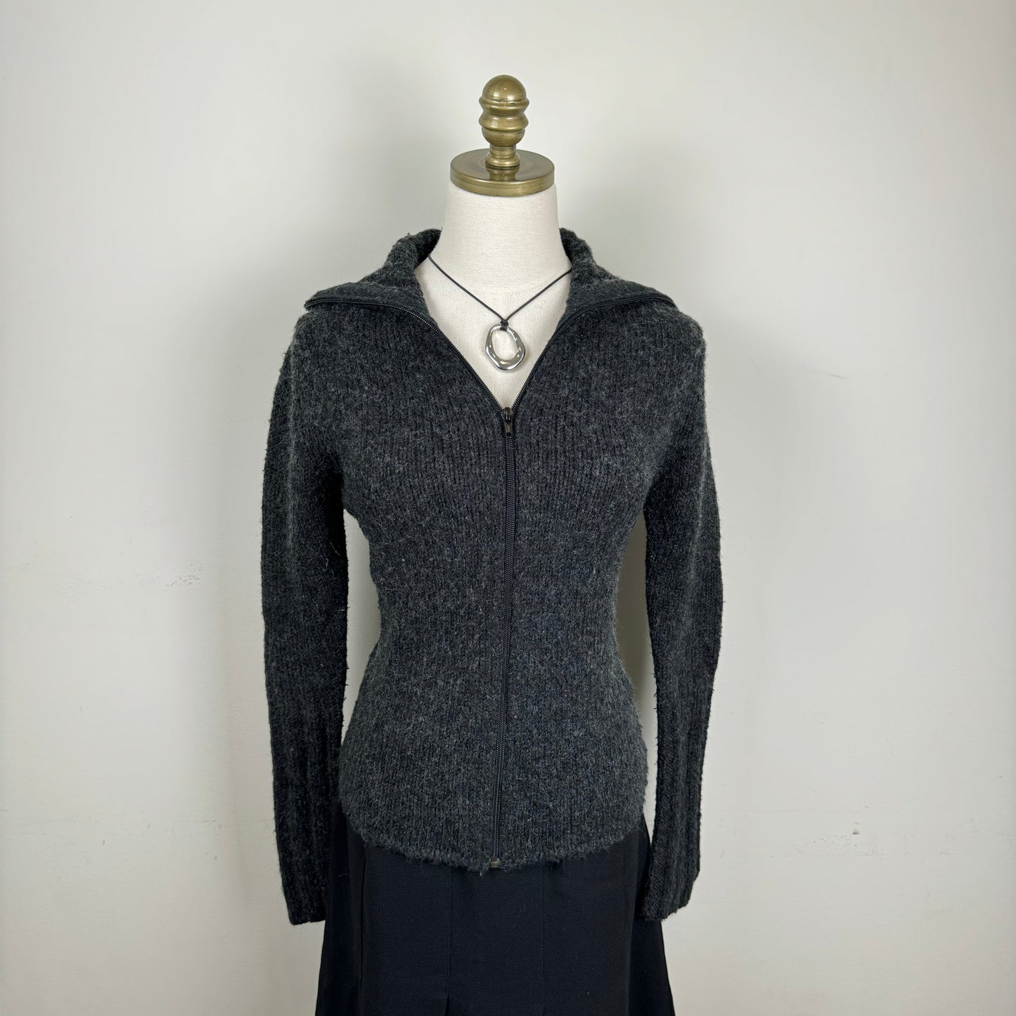 Dark Grey Zip Up Fold Over Collar / Turtleneck Sweater