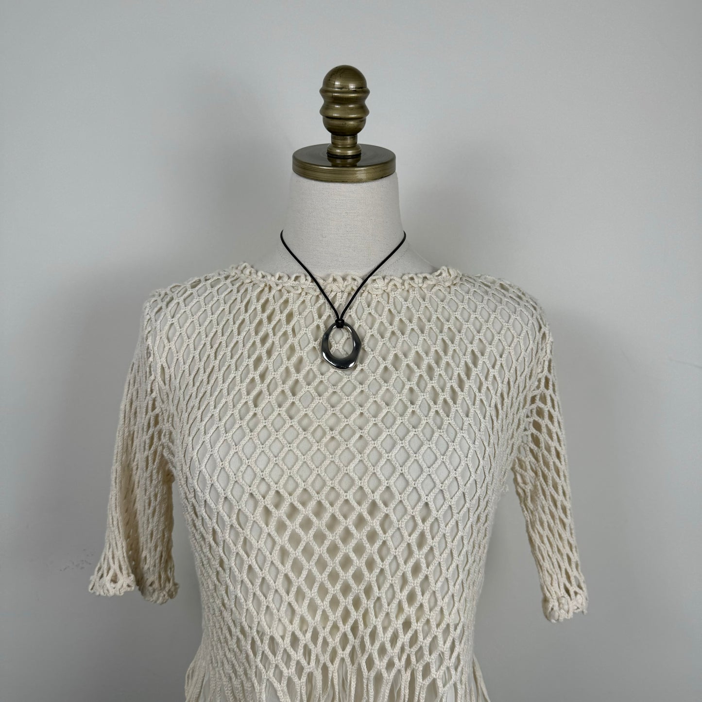 Cream Crochet Chiffon Fringe Short Sleeve Top