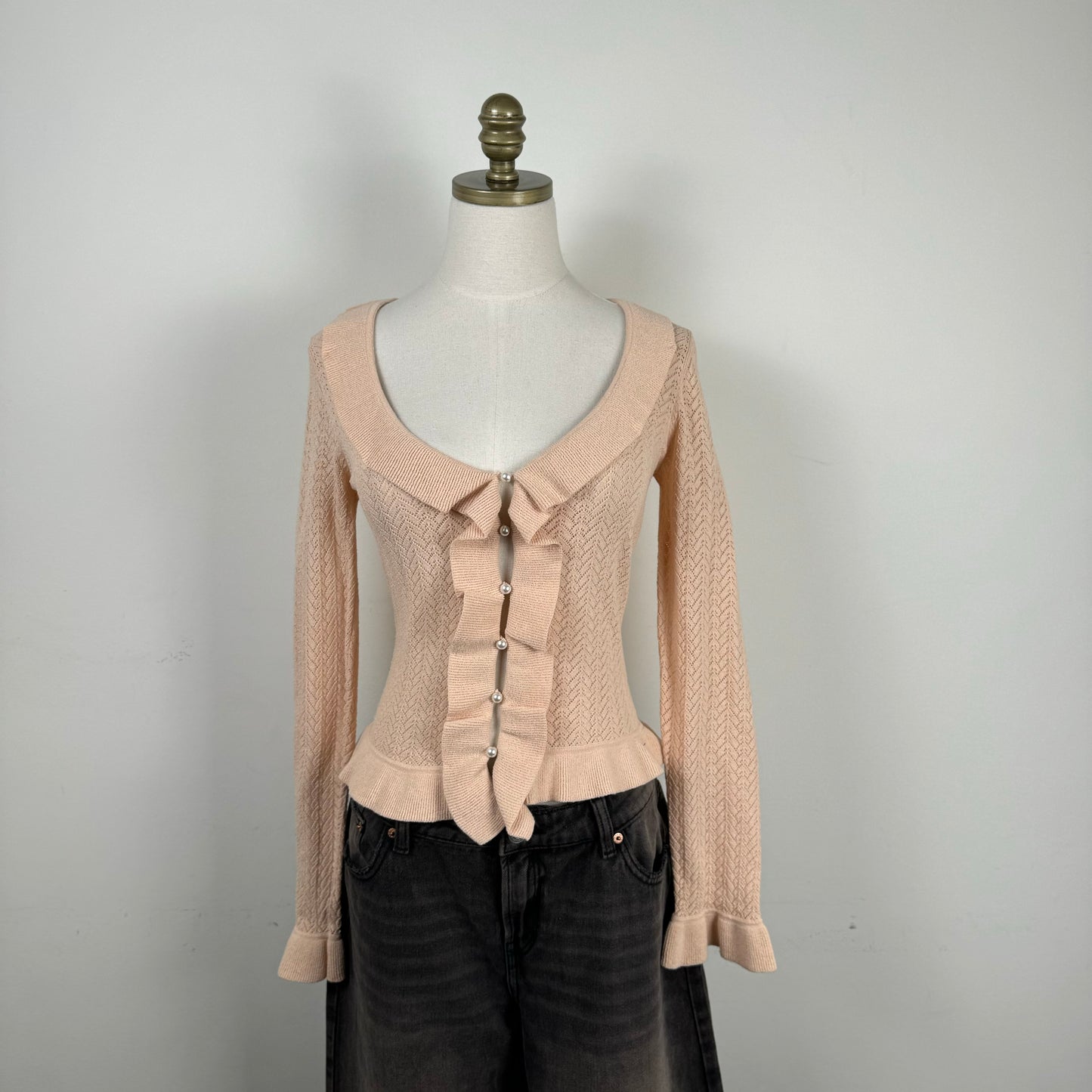 Pink Ruffled Open Knit Long Sleeve Top