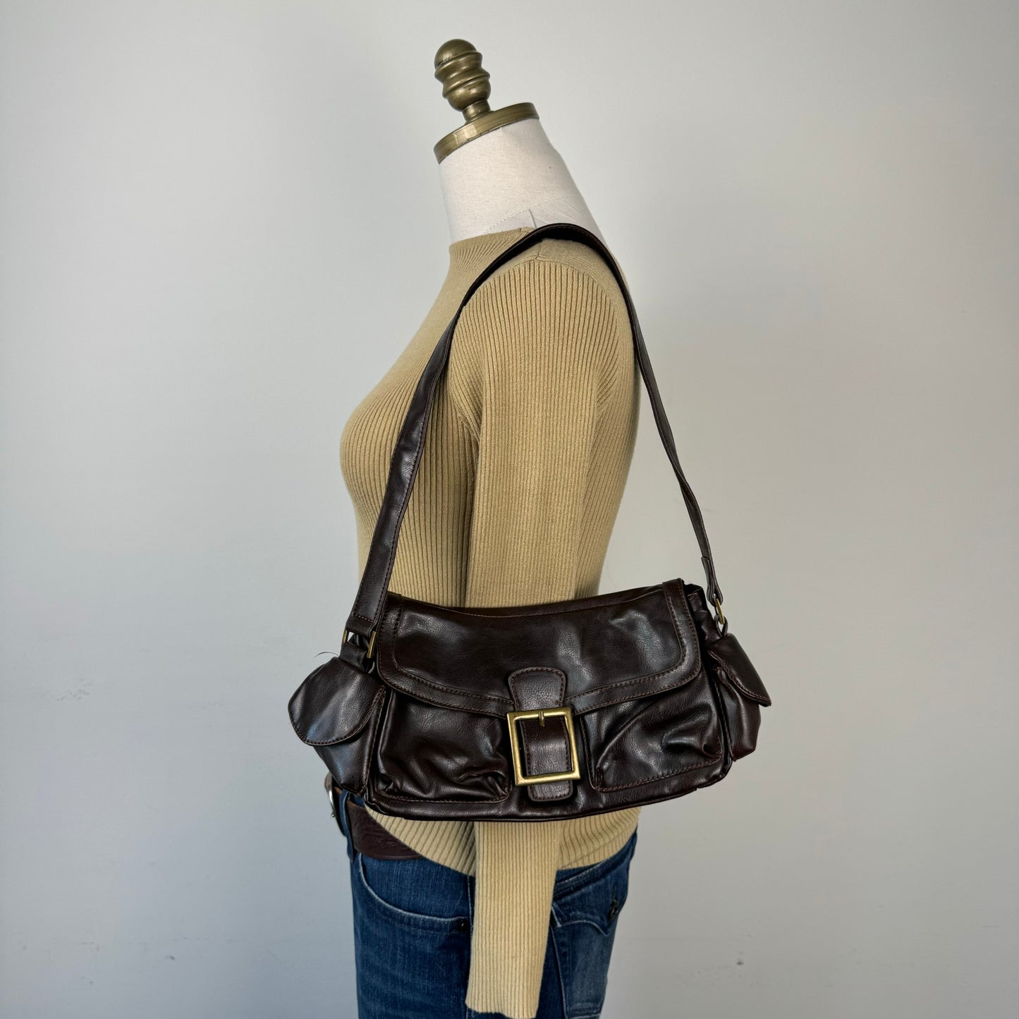 Brown Mini Shoulder Bag with Gold Buckle