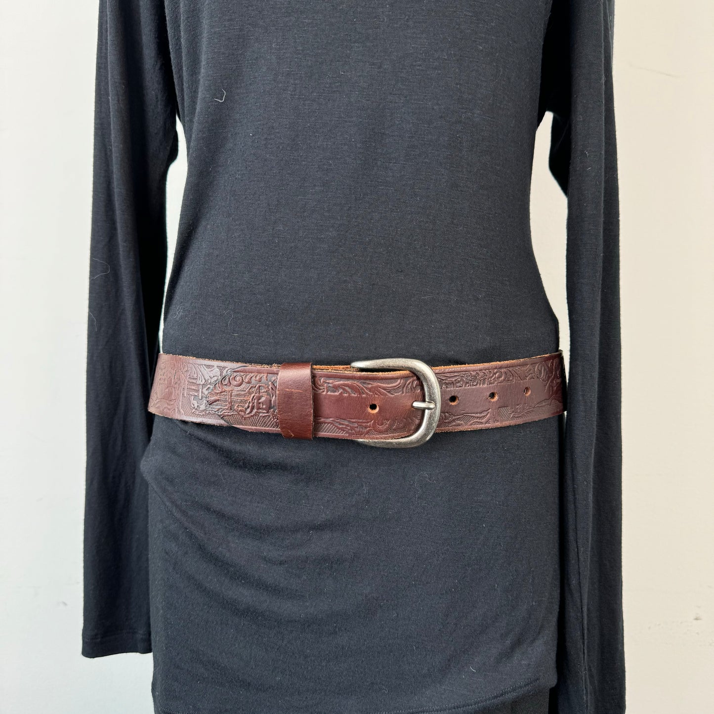 Brown Western Chunky Silver Buckle Leather Belt