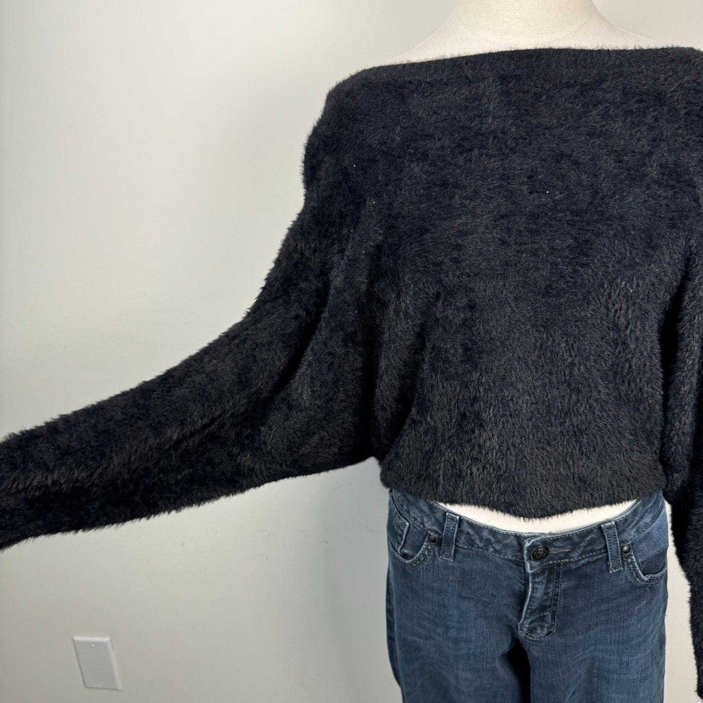 Black Off Shoulder Dolman Fuzzy Sweater