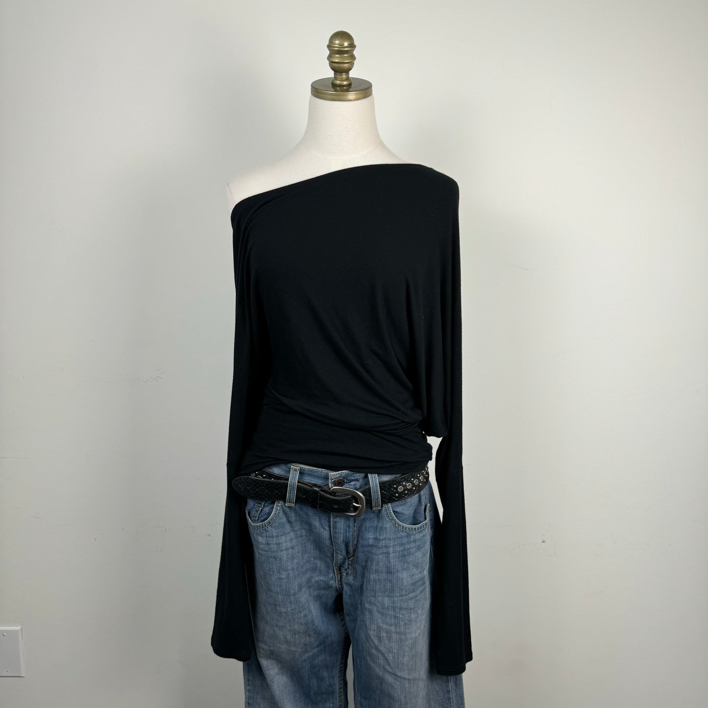 Black Asymmetric Draped Off Shoulder Long Sleeve Top