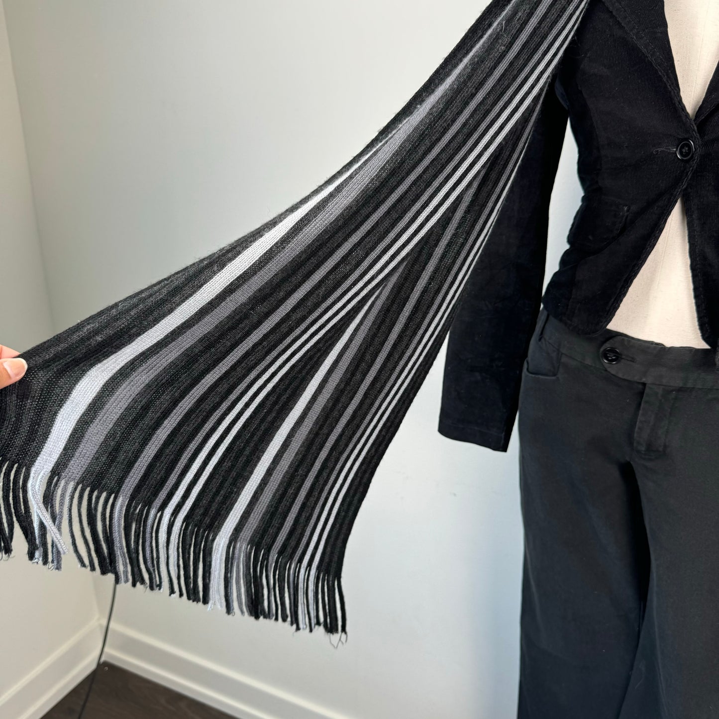 Black and Grey Striped Knit Scarf