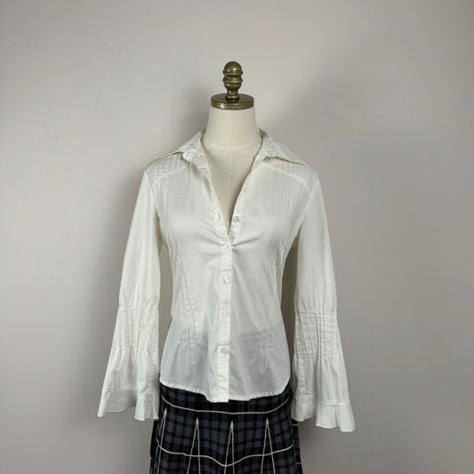 White Fitted Pleated Button Up Shirt