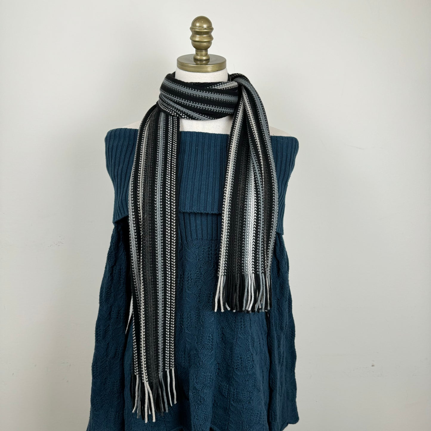 Danier Black and Grey Striped Knit Scarf