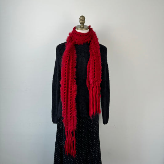 Red Cable Knit Fur Trim Scarf