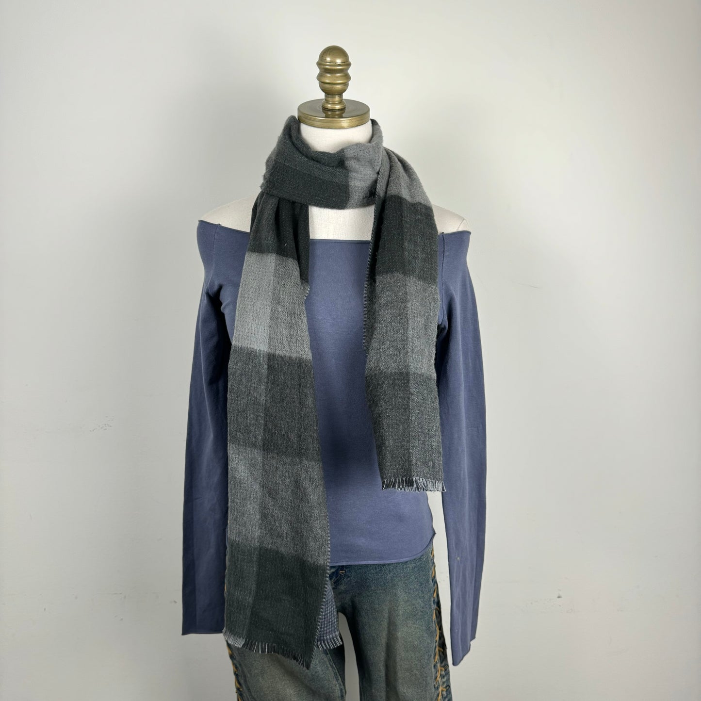 Grey Plaid Soft Knit Scarf