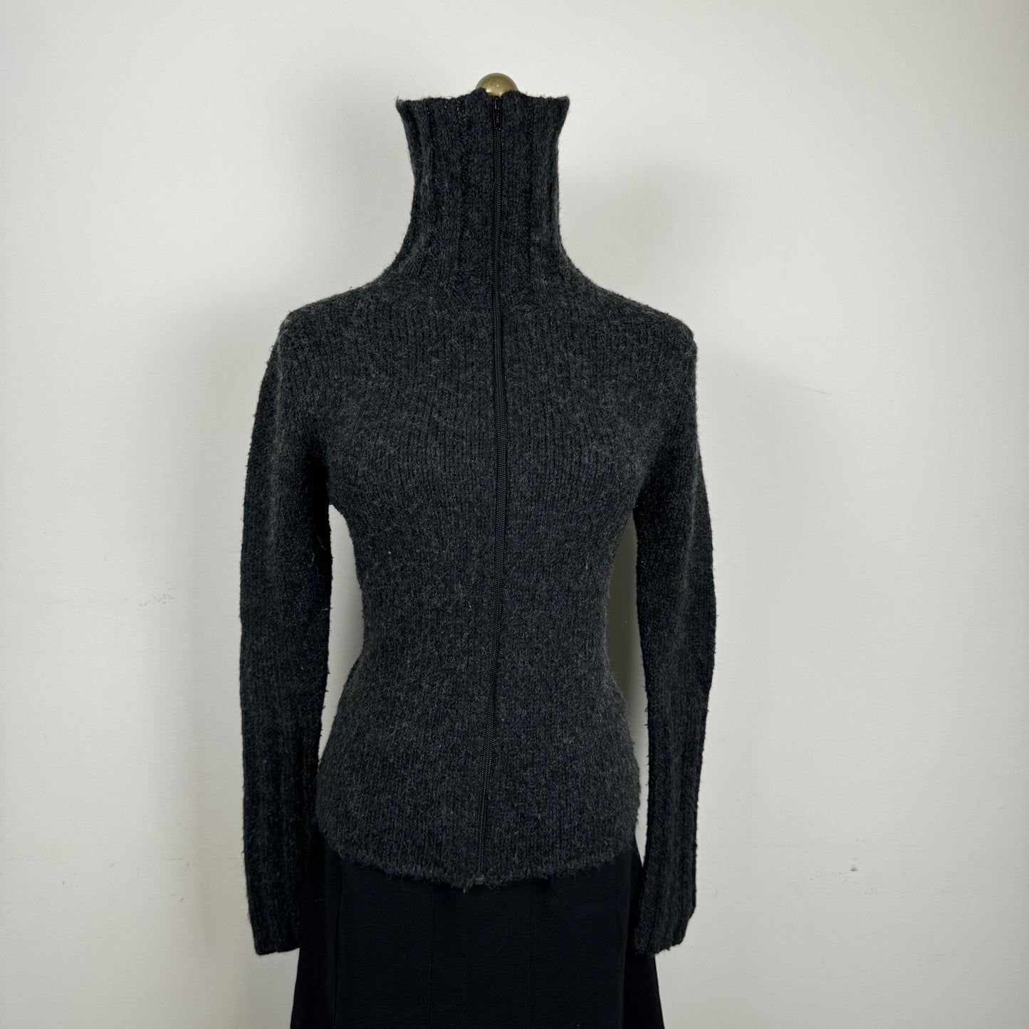 Dark Grey Zip Up Fold Over Collar / Turtleneck Sweater