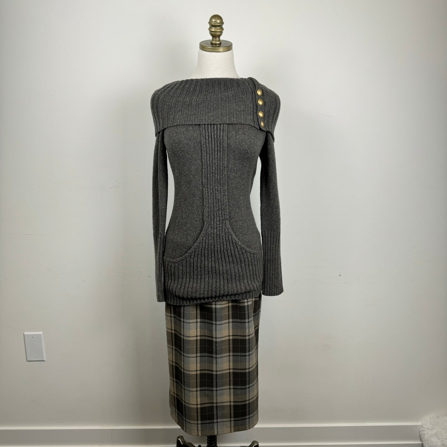 Grey Off Shoulder Gold Button Sweater