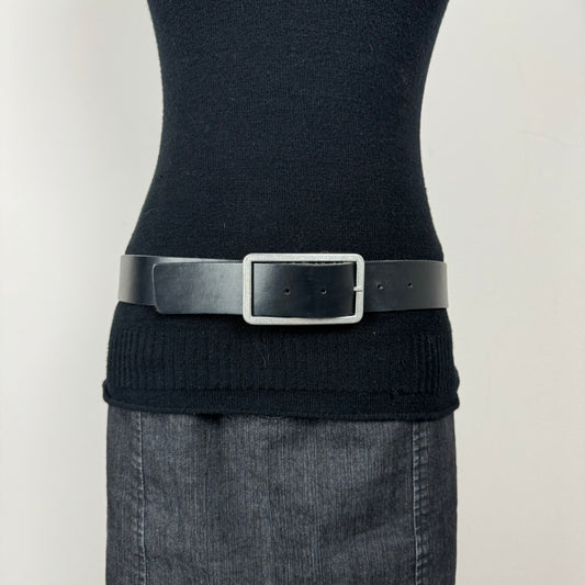 Black Leather Rectangular Silver Buckle Belt