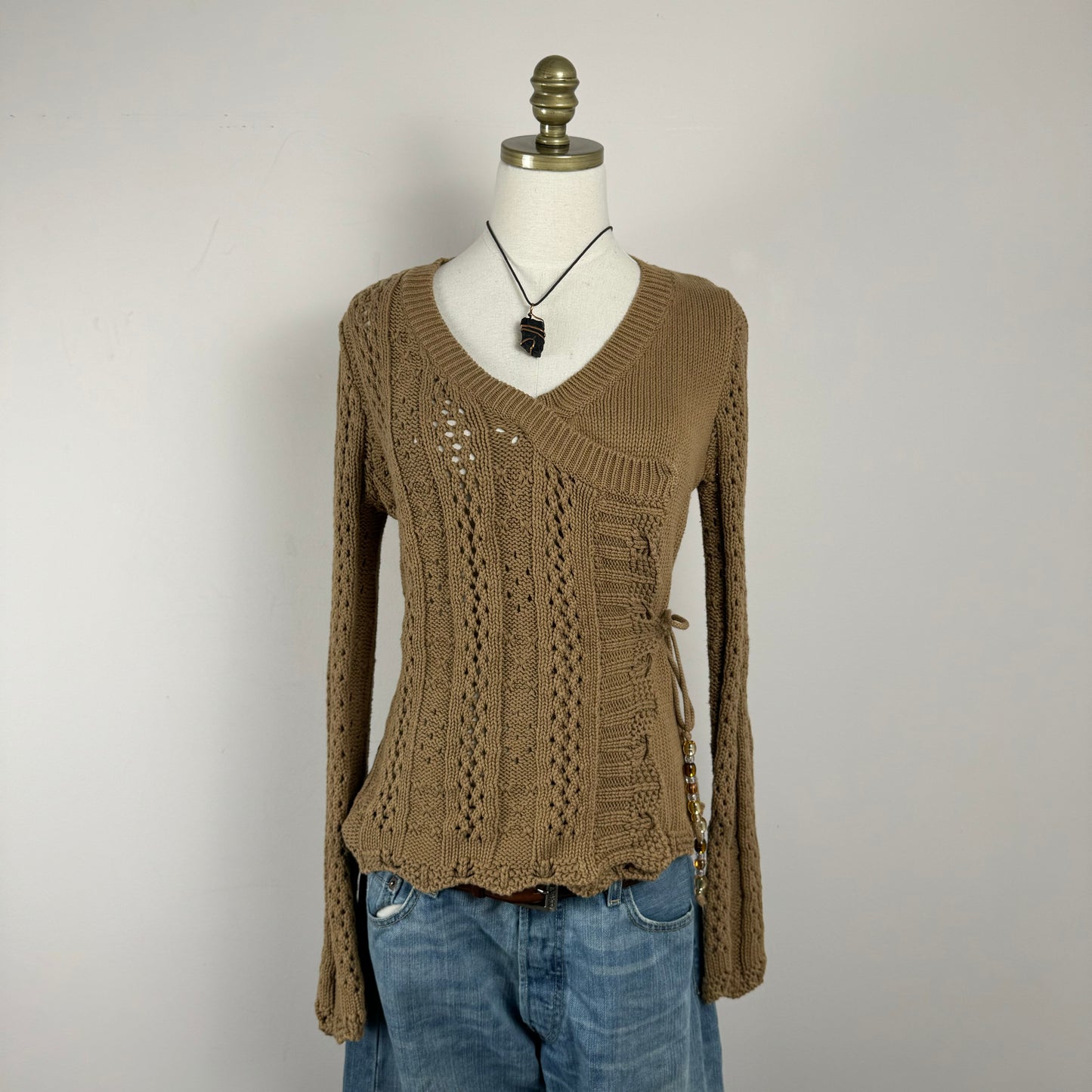 Cable Knit Tie Up Bell Sleeve Cardigan